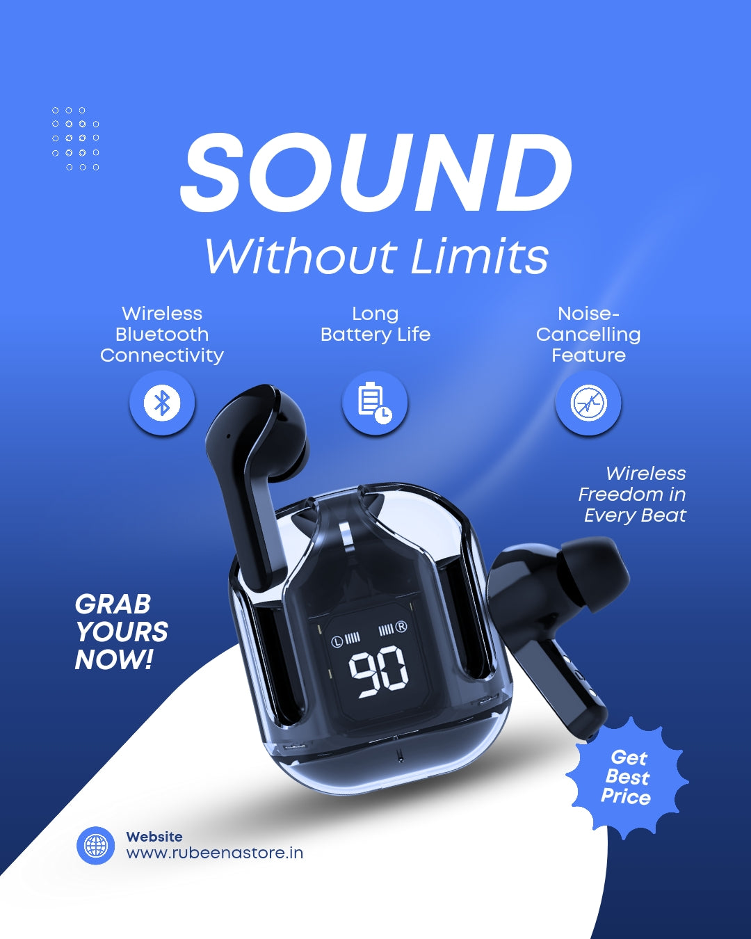 Crystal Wireless Earbuds with Digital Display