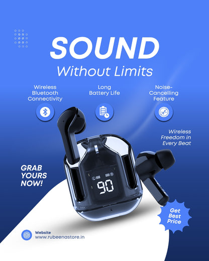 Crystal Wireless Earbuds with Digital Display